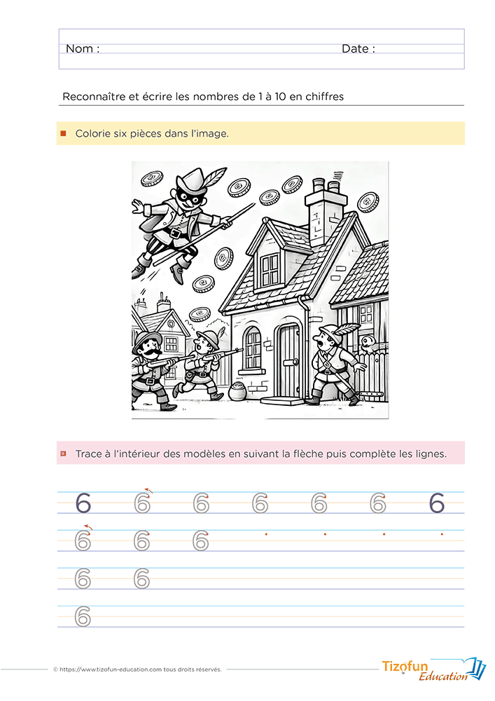 Fiche pour apprendre à écrire le chiffre 6 en GS et CP avec une scène de dénombrement de six pièces, un modèle fléché et des lignes de graphisme progressives.