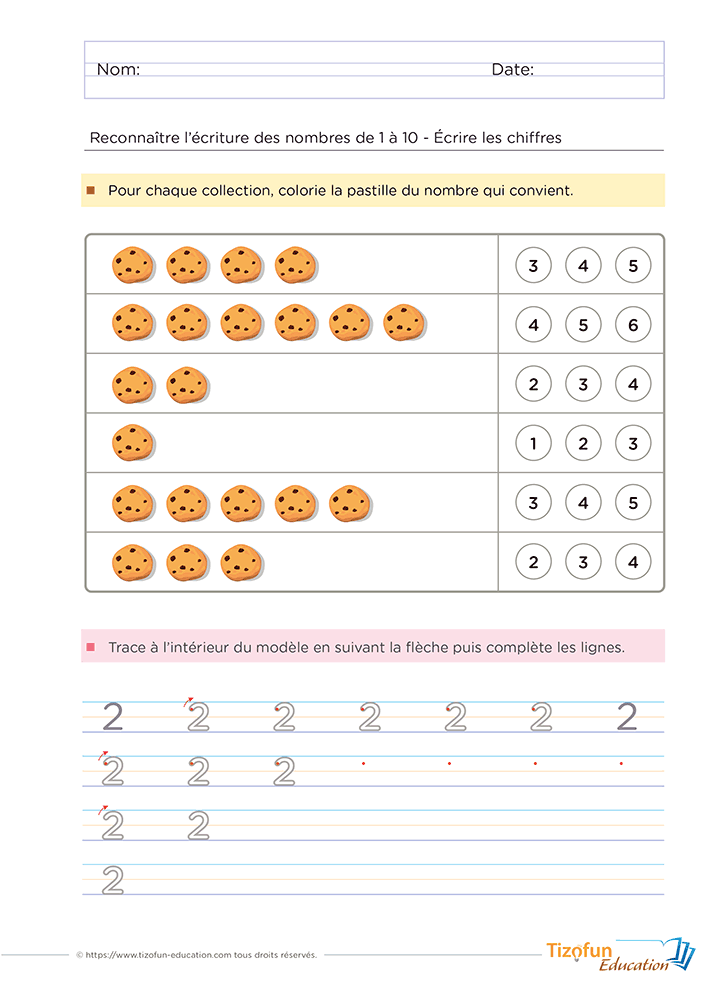 Fiche pour dénombrer des collections de 1 à 10 en Maternelle GS et CP avec des cookies, choisir le bon chiffre puis apprendre à écrire le chiffre 2.
