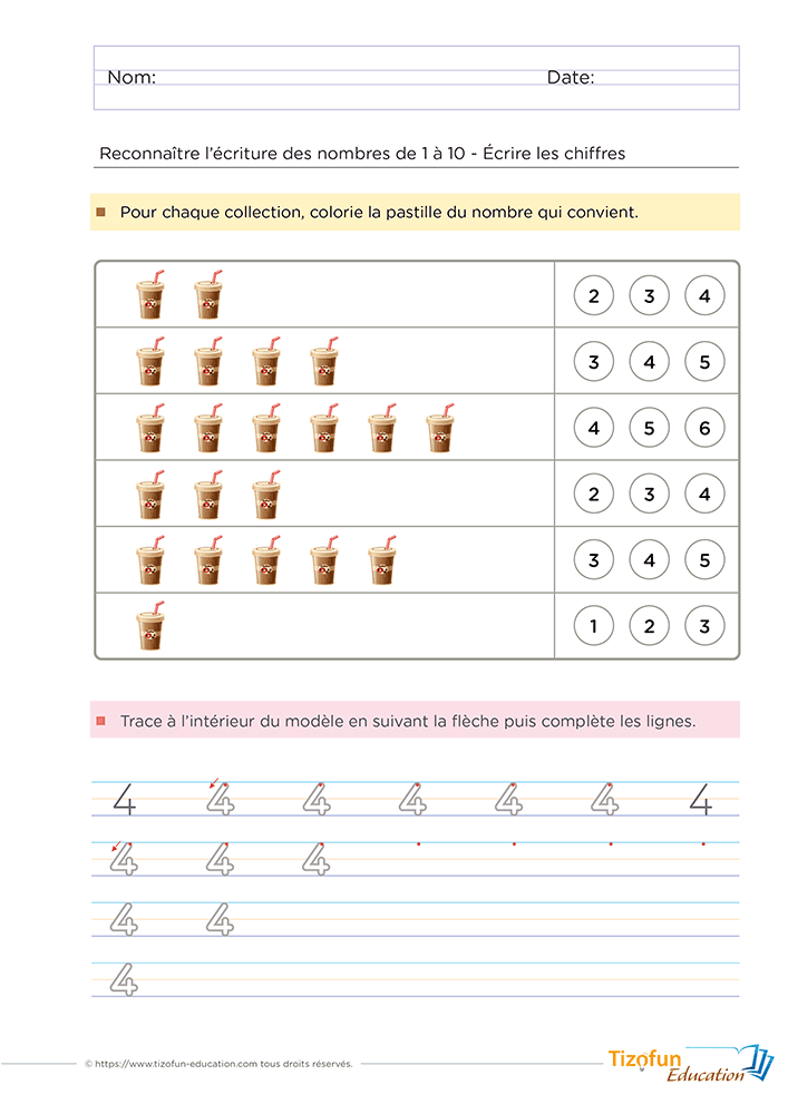 Fiche pour dénombrer des collections de jusqu'à 10 en Maternelle GS et CP avec des boissons, colorier la bonne pastille puis apprendre à écrire le chiffre 4.