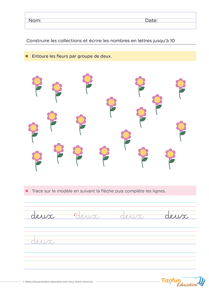Activité pour écrire les nombres en lettres en GS et CP associant des groupements de fleurs par deux et l'écriture cursive du mot « deux » jusqu'à 10