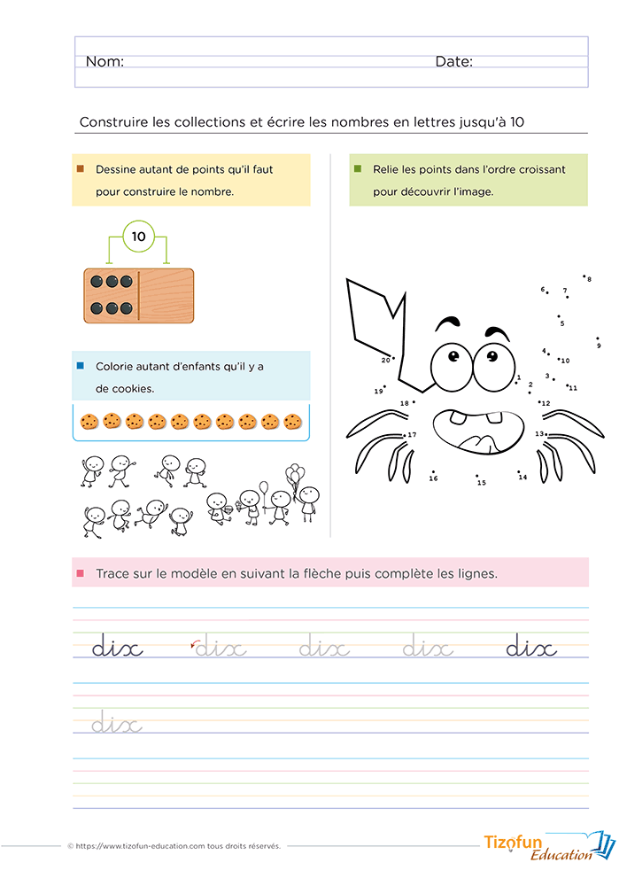 Activité pour écrire le nombre 10 en lettres en GS et CP avec collections, dominos, points à relier, correspondances de quantités et écriture cursive du mot « dix ».