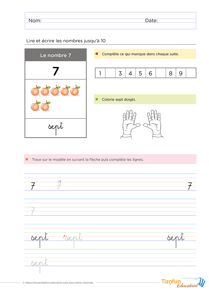 Fiche pédagogique pour reconnaître, lire et écrire le nombre 7 en Maternelle GS et CP grâce à une bande numérique, une collection, un coloriage des doigts et l'écriture cursive.
