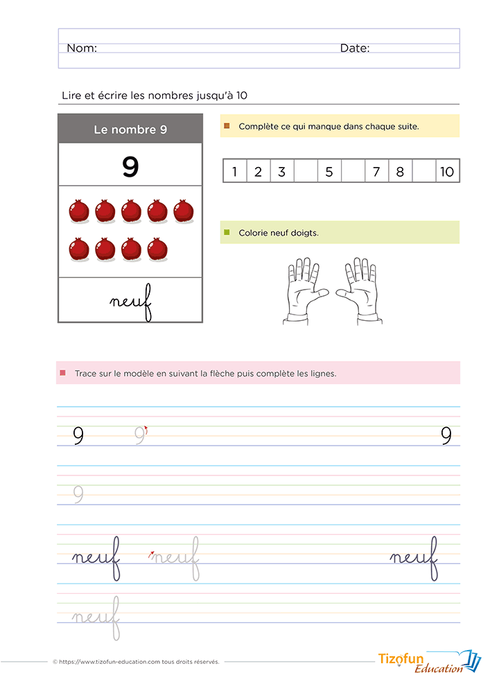 Fiche pédagogique pour reconnaître, lire et écrire le nombre 9 en Maternelle GS et CP grâce à une bande numérique, une collection de grenades, un coloriage des doigts et l'écriture cursive.