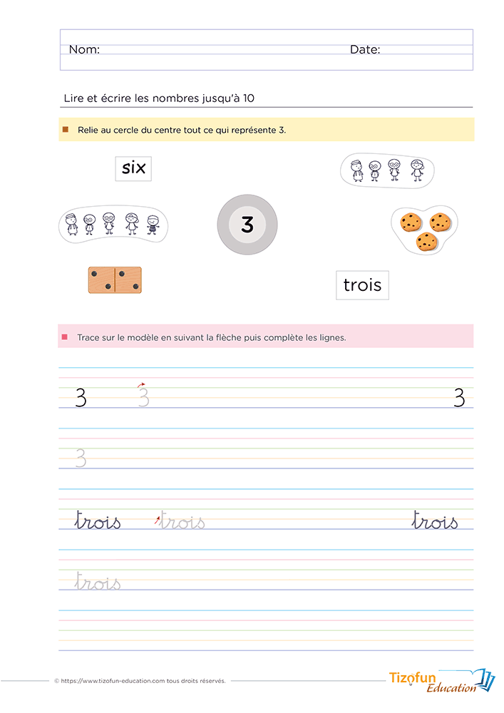 Fiche pédagogique pour reconnaître, lire et écrire le nombre 3 en Maternelle GS et CP grâce aux dominos, aux collections et à l'écriture cursive.