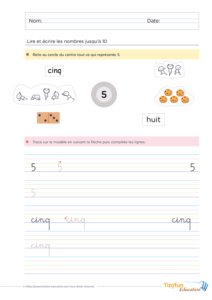 Fiche pédagogique pour reconnaître, lire et écrire le nombre 5 en Maternelle GS et CP grâce aux dominos, aux collections et à l'écriture cursive.