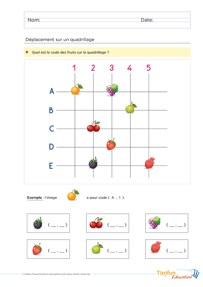 Exercice de déplacement sur un quadrillage avec coordonnées en GS et CP pour coder la position de fruits sur les nœuds d'un repère.