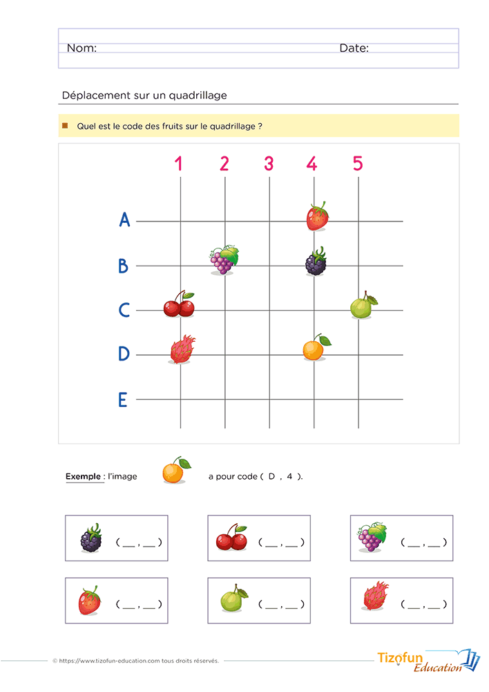 Support pédagogique de repérage sur quadrillage avec code de coordonnées GS CP présentant des fruits placés sur les intersections afin de travailler la lecture des coordonnées et l'orientation spatiale.