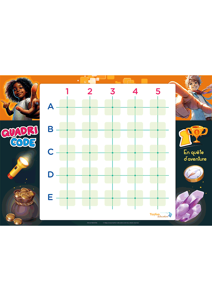 Plateau du jeu de société éducatif Quadricode de Tizofun Education avec une grille de repérage pour positionner des pions d'aventure.