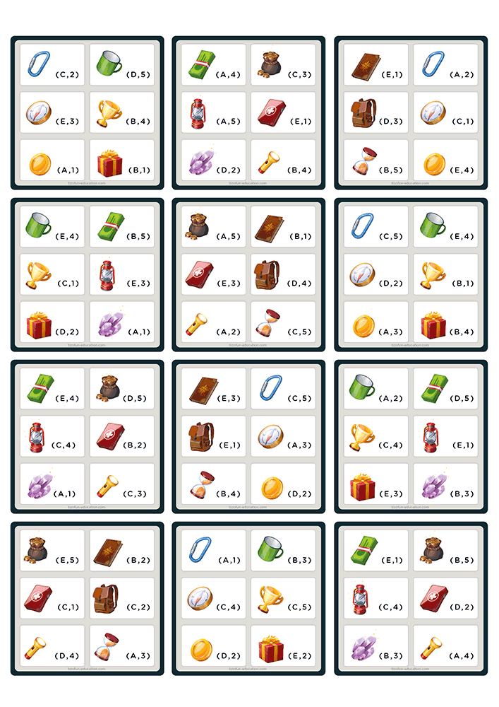Cartes de défis avec coordonnées et planches de jetons illustrés à découper pour le jeu de mathématiques cycle 2.