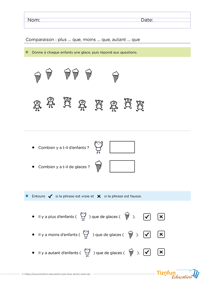 Exercice pour comparer des collections de quantités en GS et CP avec des enfants et des glaces afin d'utiliser les expressions plus que, moins que et autant que.
