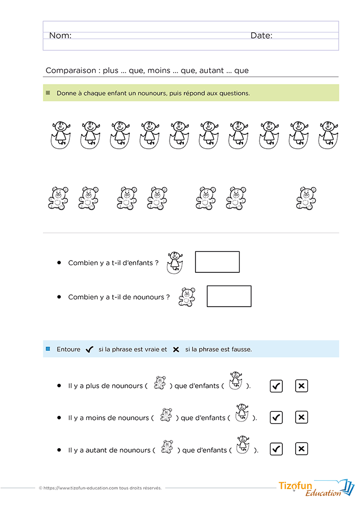Exercice pour comparer des quantités plus moins autant en GS et CP avec des nounours et des enfants afin de travailler les comparaisons de quantités.
