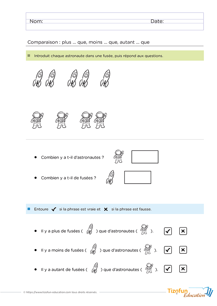 Évaluation de comparaison de collections en Maternelle GS et CP avec des fusées et des astronautes pour vérifier les notions de plus, moins et autant.