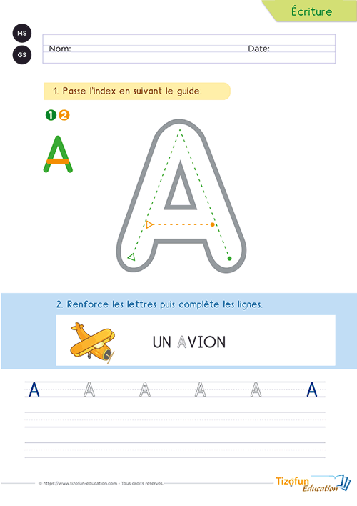 Activité pour écrire la lettre A majuscule en Maternelle avec un tracé guidé, le mot repère « avion » et des lignes d'entraînement.