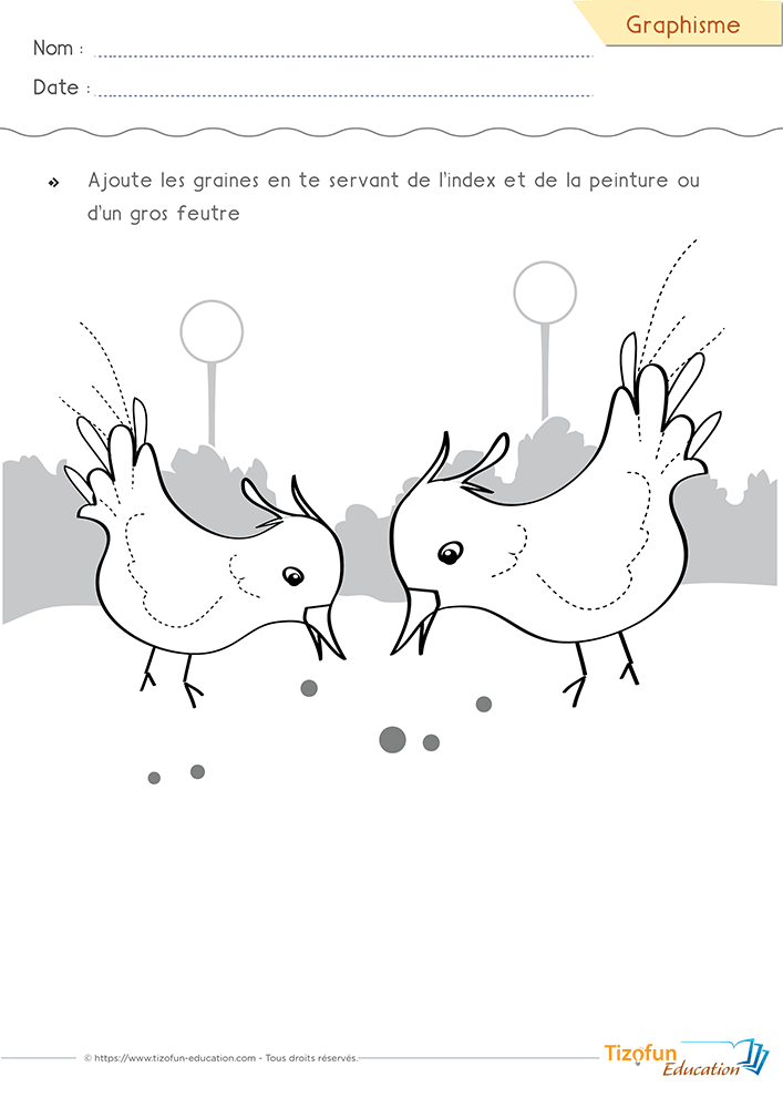 Activité de graphisme sur les points en PS et MS représentant deux oiseaux à compléter avec des graines réalisées au doigt, au feutre, au pinceau ou à la peinture.