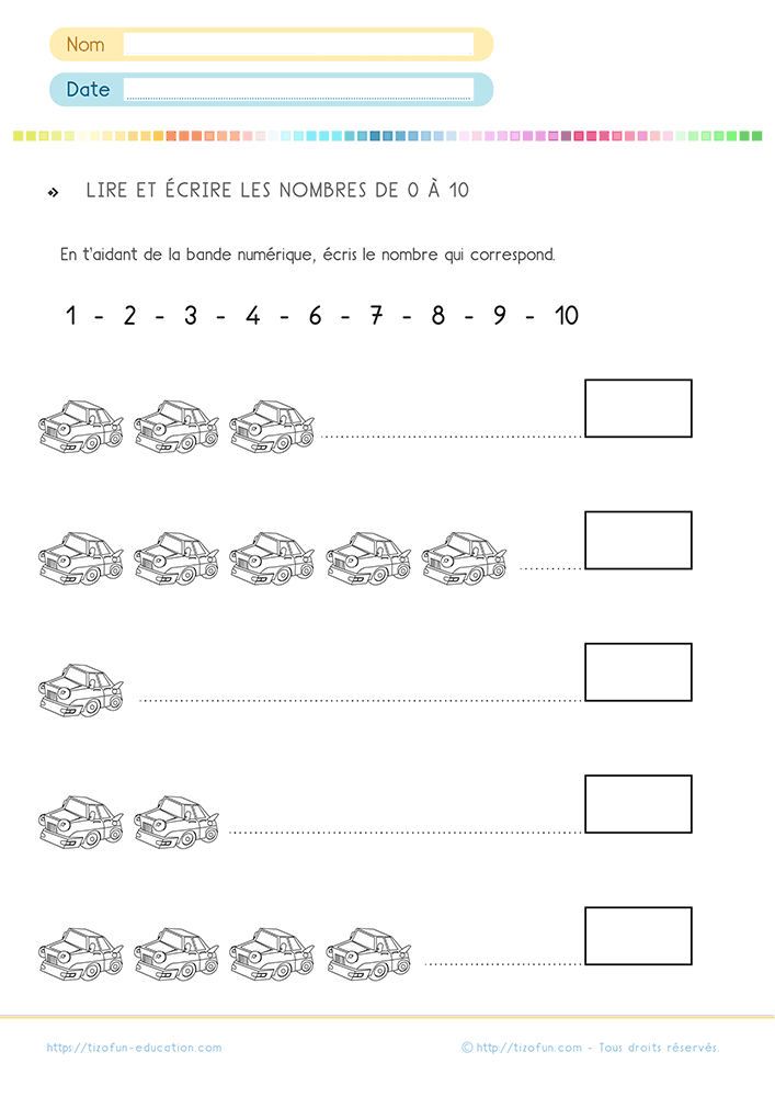 Activité pour dénombrer une collection d'objets en CP grâce à des séries de voitures à compter puis à associer au bon nombre.