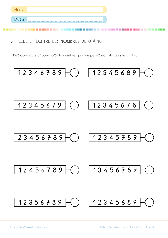 Fiche de mathématiques où les élèves retrouvent le nombre manquant dans une suite numérique de 1 à 10 en complétant chaque série pour renforcer la numération en Grande Section et au CP.