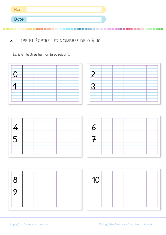 Fiche d'écriture des nombres en lettres de 0 à 10 sur lignage Seyès pour apprendre l'orthographe des mots-nombres en CP.