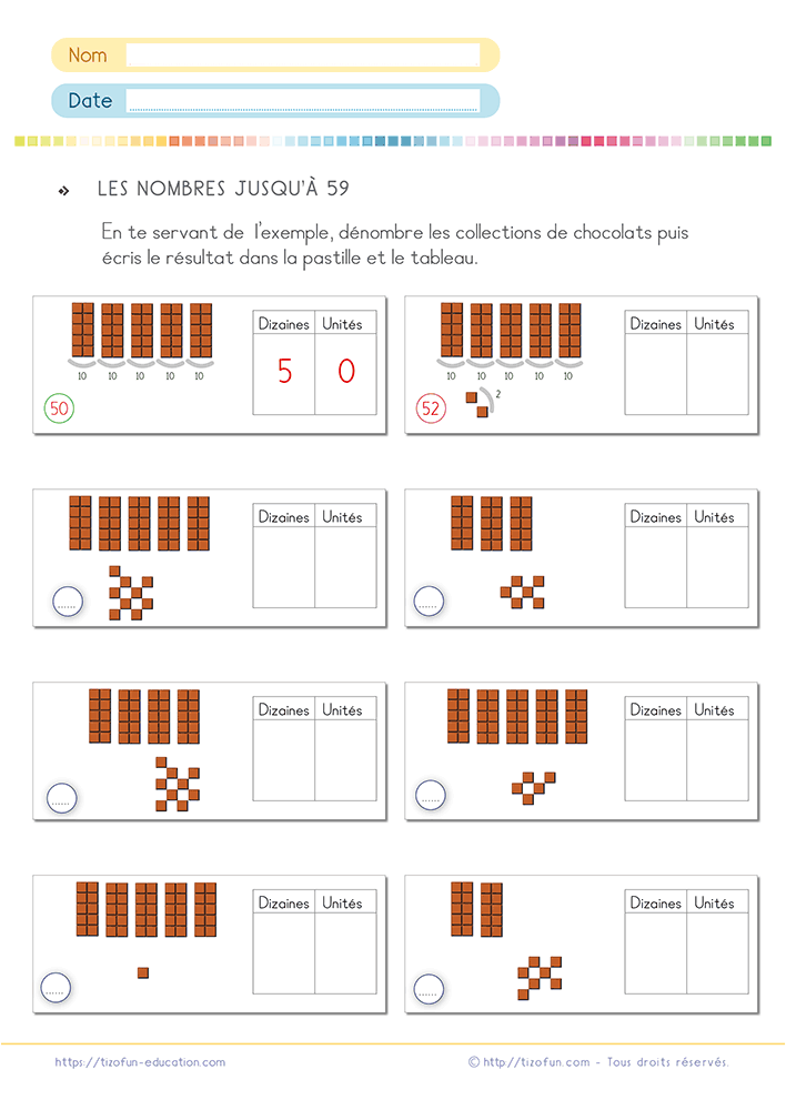 Fiche d'exercices pour dénombrer des collections au CP et CE1 présentant des dizaines sous forme de tablettes de chocolat et des unités isolées afin de compléter un tableau de numération jusqu'à 59.