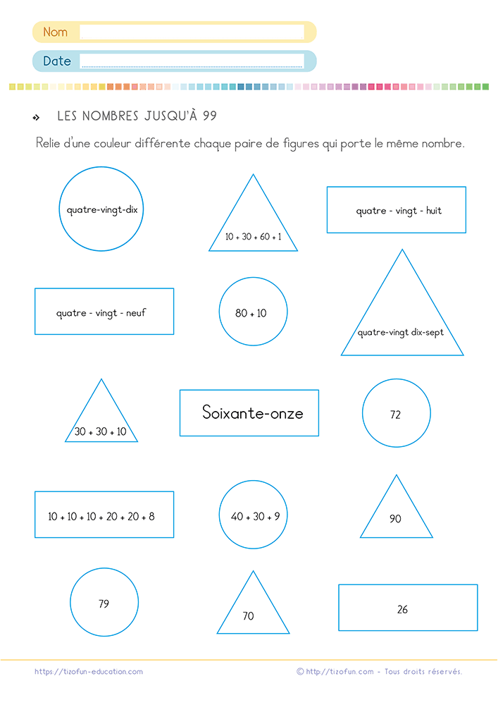 Fiche d'exercices pour associer les écritures des nombres jusqu'à 99 au CP, CE1 et CE2.