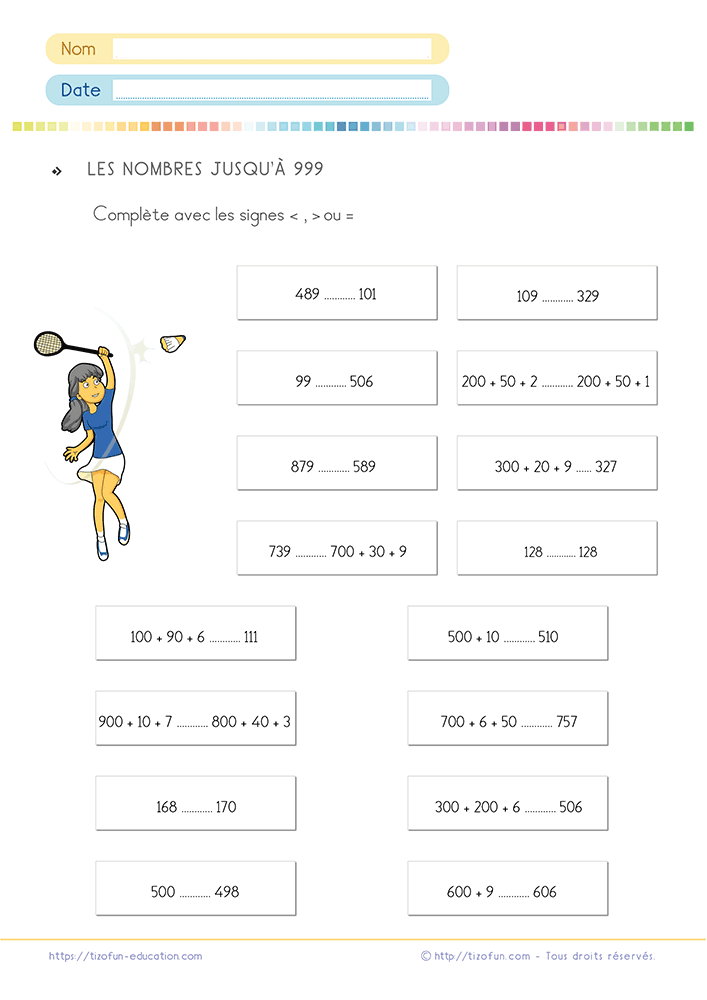 Fiche d'exercices pour comparer les nombres au CE1 et CE2 avec les signes et = jusqu'à 999.