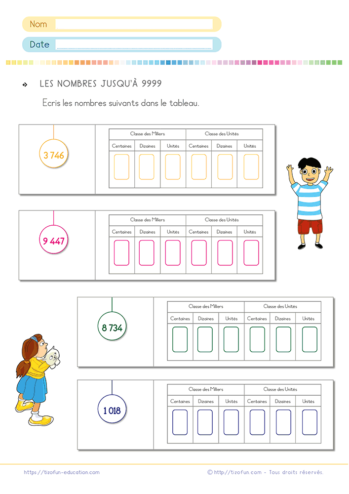 Fiche d'exercices avec un tableau de numération au CE2 et CM1 pour placer des nombres jusqu'à 9999.