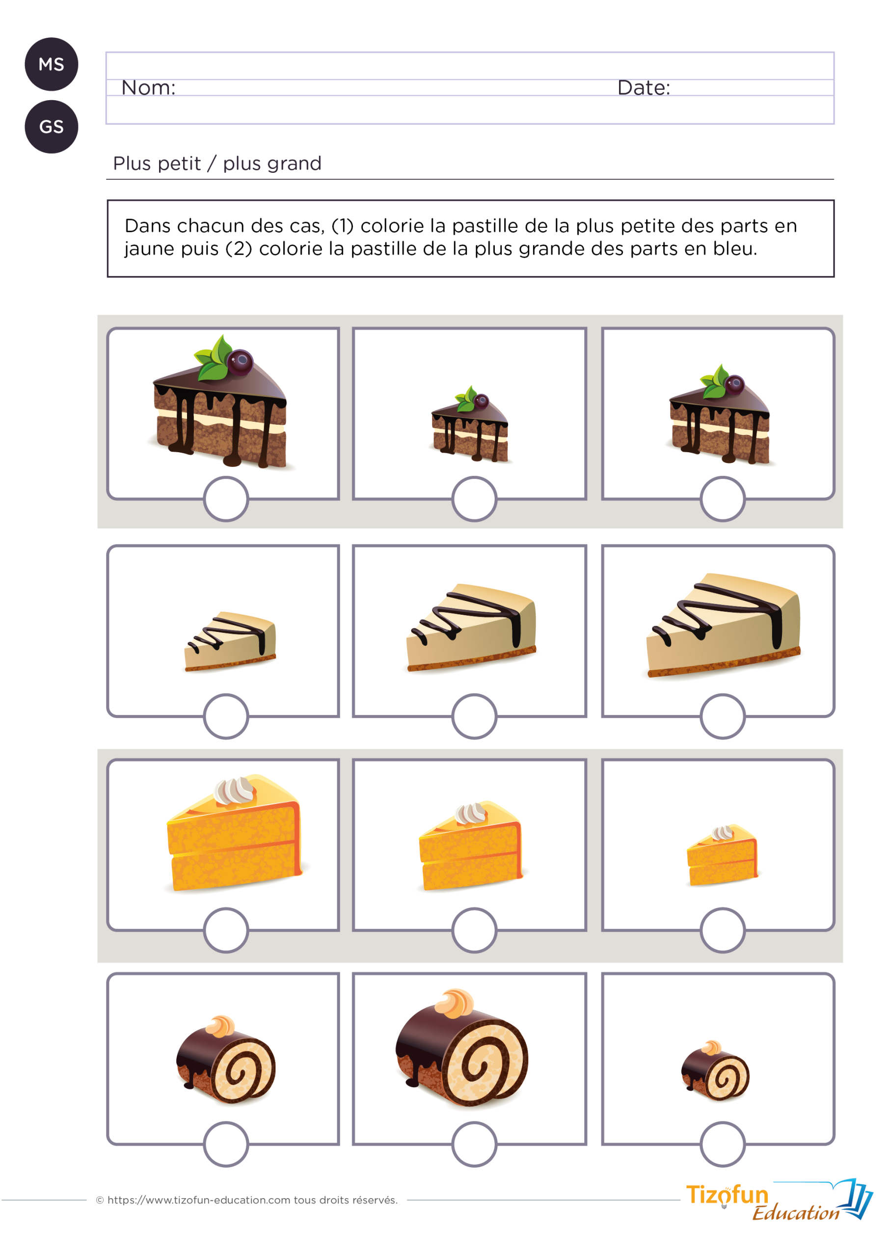 Prévisualisation d'une activité plus petit plus grand en maternelle avec des pâtisseries de différentes tailles à comparer en MS et GS.