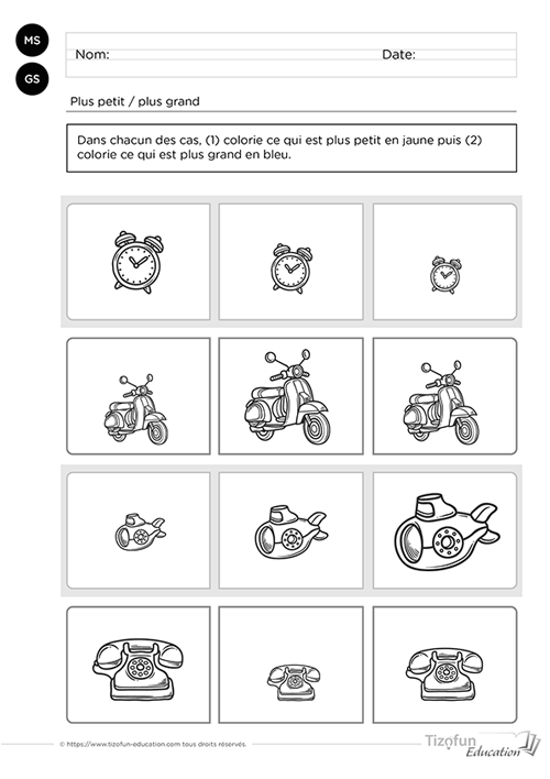Prévisualisation d'une fiche MS-GS pour comparer la taille d'objets du quotidien et développer les notions de plus petit et plus grand.
