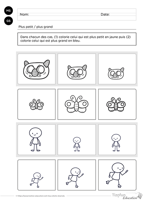 Aperçu d'une activité plus petit plus grand à imprimer pour comparer des tailles grâce à différentes illustrations adaptées aux élèves de MS et GS.