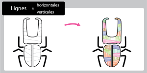Décore un scarabée en utilisant des lignes horizontales et verticales. Une activité de graphisme idéale pour entraîner le geste en maternelle.