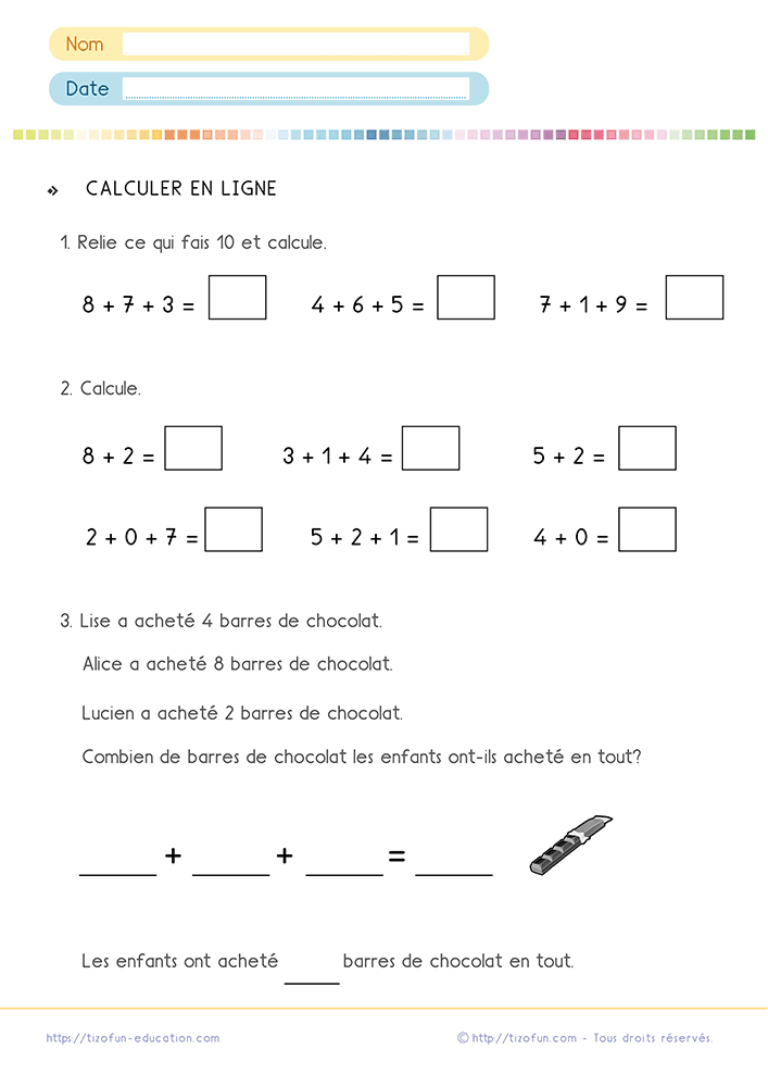 Fiche d'activité de Mathématiques pour apprendre à calculer en ligne au CP CE1 grâce à des exercices progressifs de calcul mental.