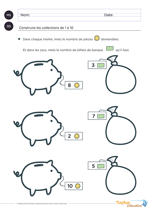 Aperçu d'une activité de construction de collections jusqu'à 10 utilisant des pièces et des billets à associer à la bonne quantité.