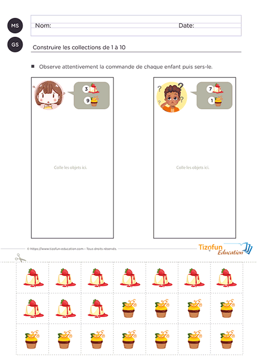 Aperçu d'une activité permettant de construire des collections jusqu'à 10 à partir d'une commande illustrée composée de desserts à préparer.