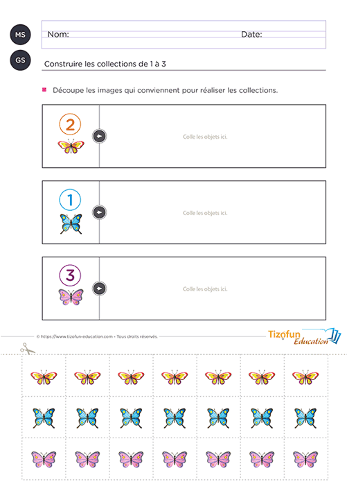 Aperçu d'une activité permettant de construire les collections de 1 à 3 avec des images de papillons à découper et à assembler.