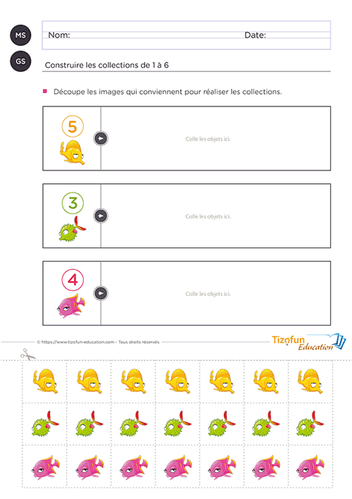 Fiche de numération pour construire les collections jusqu'à 6 avec des poissons à découper puis à coller selon le nombre demandé.