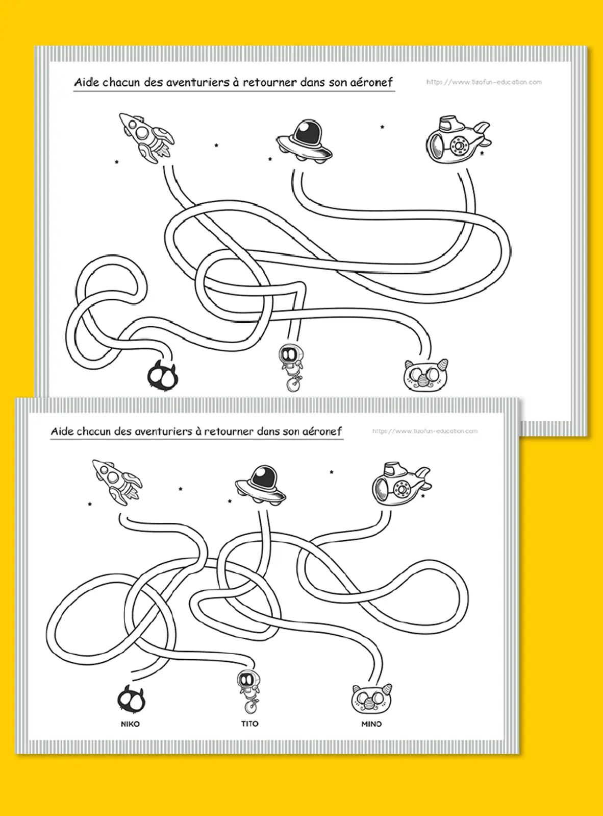 Prévisualisation de trois fiches de parcours à suivre où plusieurs lignes se croisent afin de stimuler le repérage visuel et le suivi oculaire des élèves de PS, MS et GS.