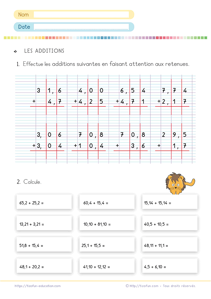 Exercice de Mathématiques pour poser et effectuer une addition de nombres décimaux grâce à un quadrillage Seyès, à l'alignement des virgules et aux retenues.