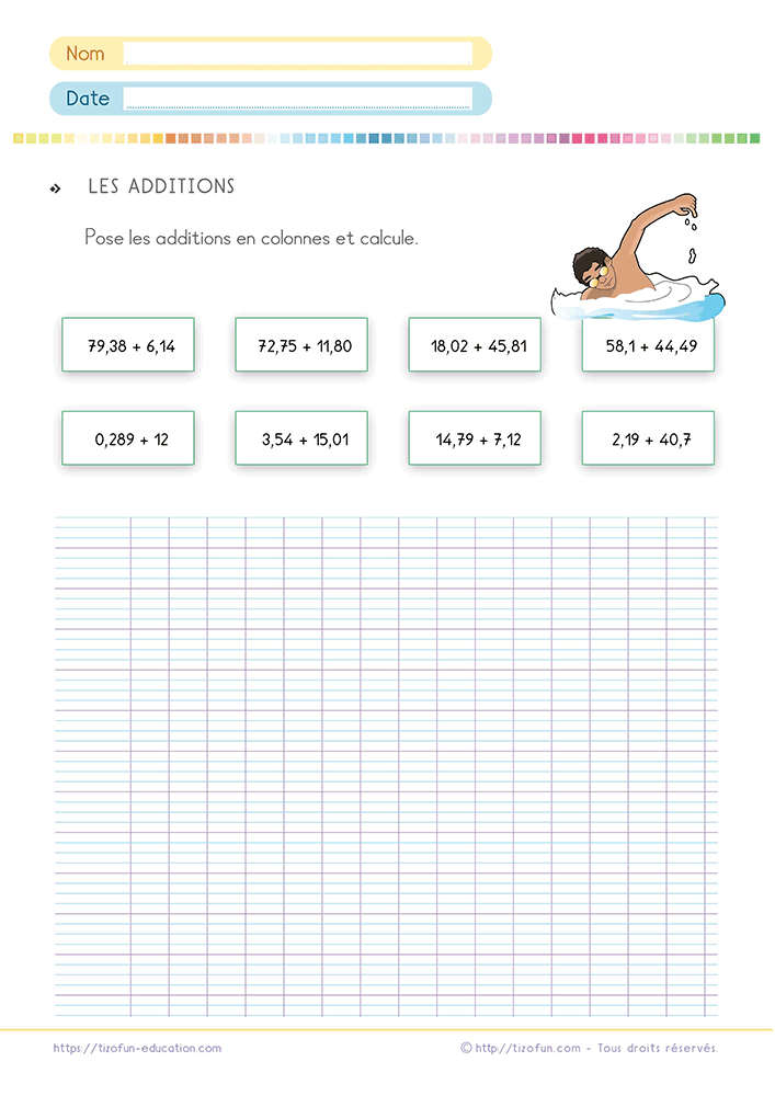 Exercices de mathématiques pour poser et effectuer une addition de fractions de même dénominateur grâce à une présentation claire sur quadrillage Seyès.