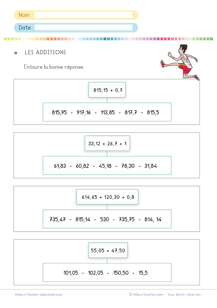 Exercice de mathématiques sous forme de QCM pour poser une addition de nombres décimaux avant de sélectionner le résultat exact parmi plusieurs propositions.