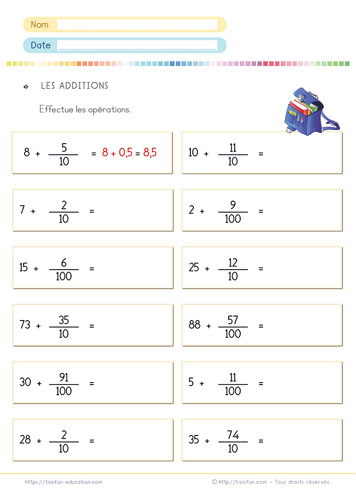 Exercice de numération pour additionner un entier et une fraction décimale afin de construire un nombre à virgule grâce à des calculs progressifs.