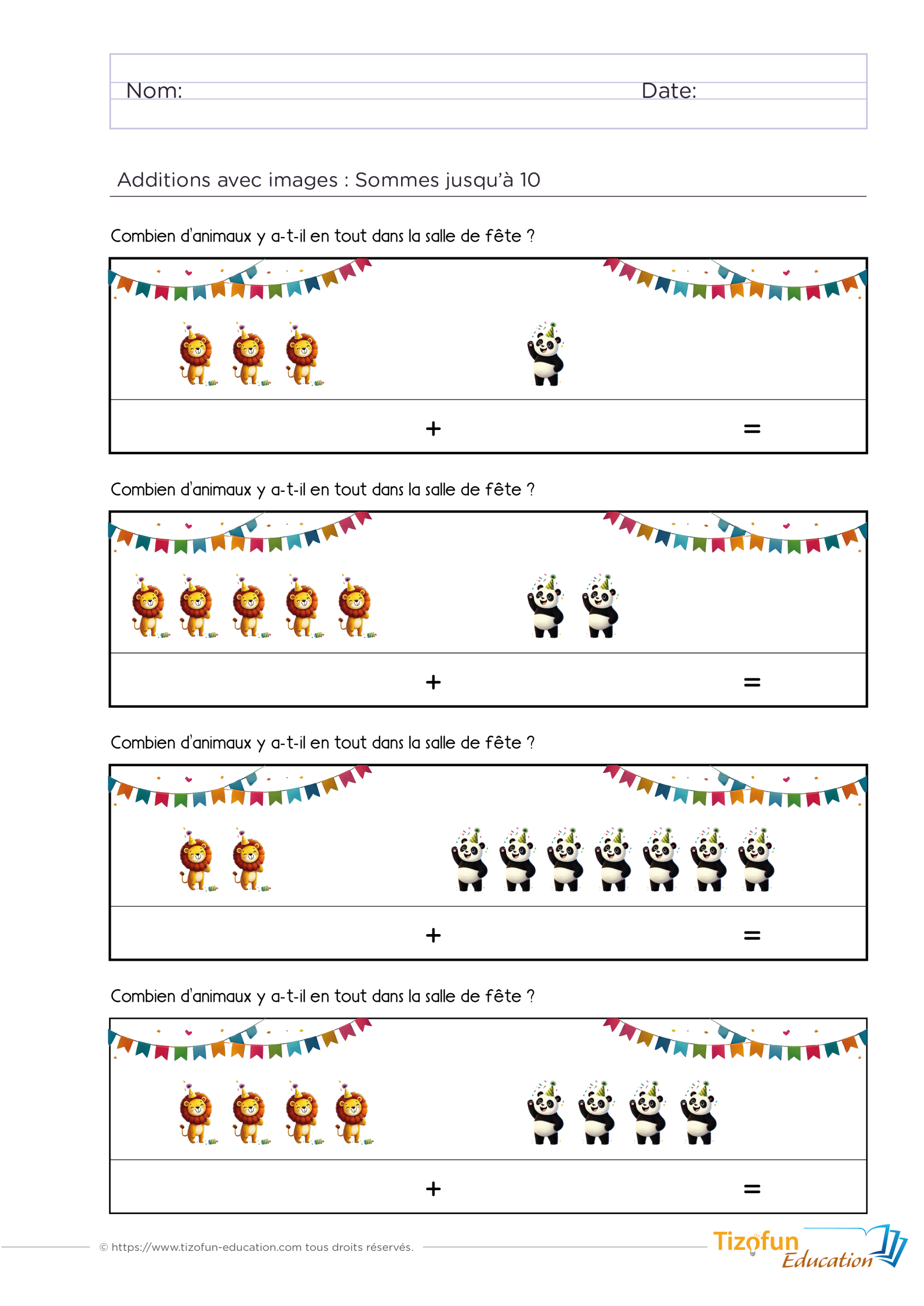 Addition avec des images à imprimer en GS et CP représentant des lions et des pandas pour apprendre les sommes jusqu'à 10 avec les symboles plus et égal.