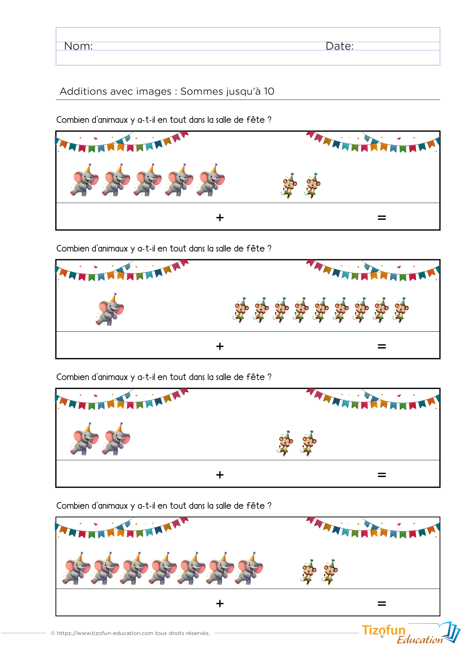 Exercice d'addition avec image en GS et CP à imprimer montrant des éléphants et des singes afin de calculer des sommes jusqu'à 10 à partir de deux collections.