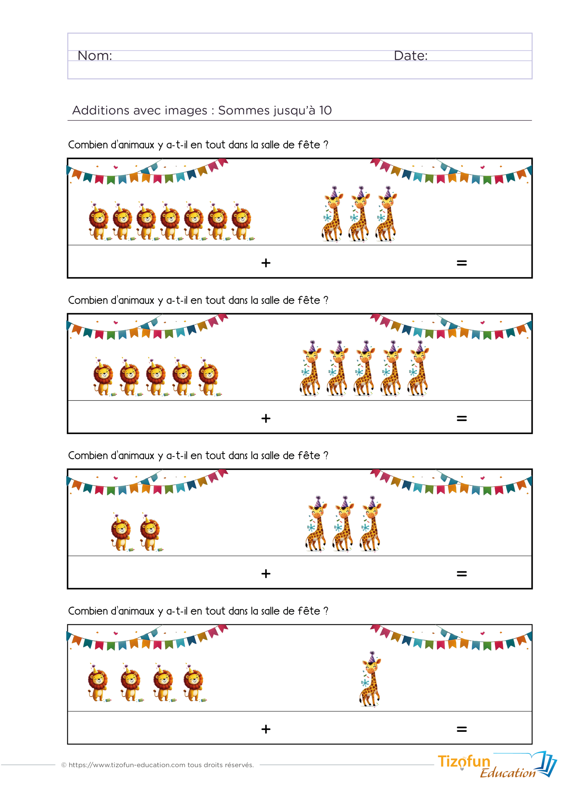 Exercice pour apprendre l'addition avec des images en GS et CP représentant des lions et des girafes afin de calculer des sommes jusqu'à 10 à partir de deux collections.