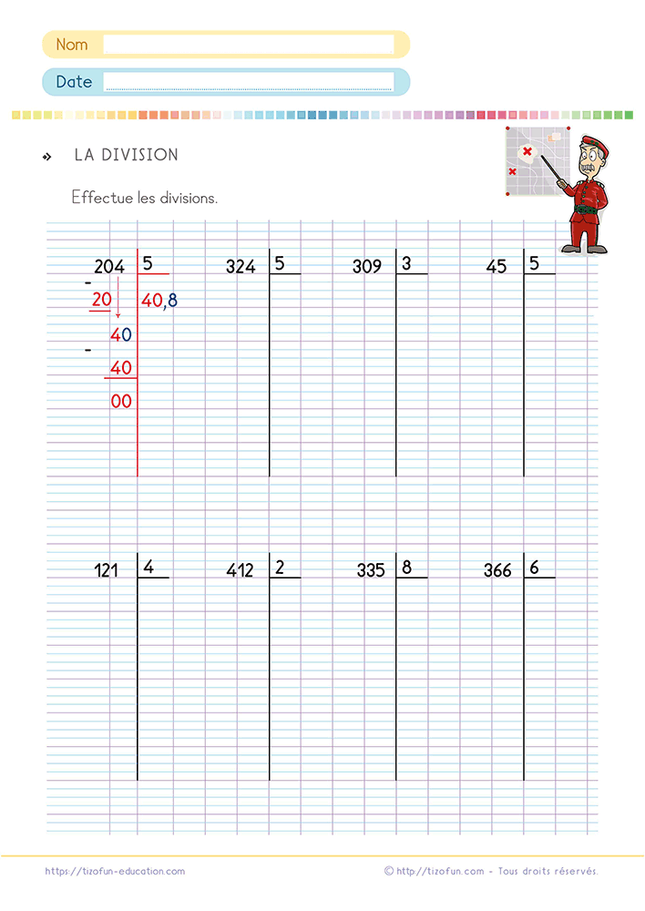 Exercice de mathématiques sur grands carreaux pour poser et effectuer une division décimale avec un quotient à virgule grâce à une potence guidée.