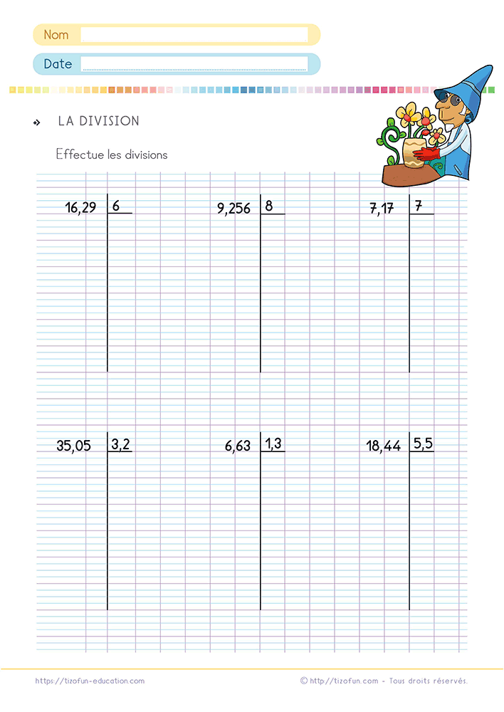 Exercices de mathématiques sur quadrillage Seyès pour poser et effectuer une division de nombres décimaux avec un diviseur entier ou décimal en classe de 6ème.