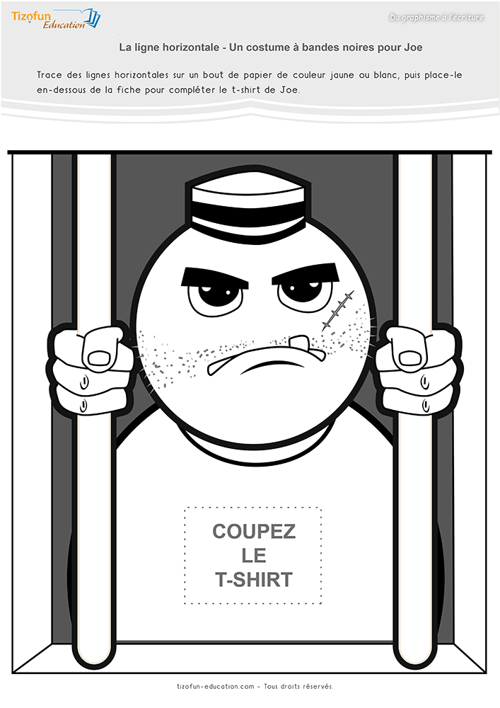 Compléter des lignes horizontales pour créer le tee-shirt rayé d'un personnage dans une activité de graphisme en maternelle.