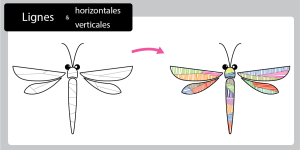 Décore une libellule grâce aux lignes horizontales et verticales. Une activité de Graphisme adaptée aux classes de Maternelle.