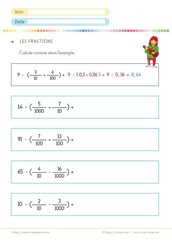Activité de mathématiques pour calculer des fractions décimales en CM1 et CM2 en convertissant les fractions en nombres décimaux avant d'effectuer des soustractions progressives.