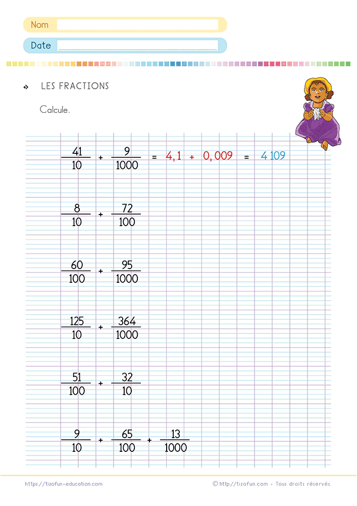 Activité de mathématiques permettant d'additionner des fractions décimales en CM1 et CM2 grâce à des conversions progressives vers les nombres décimaux suivies d'additions.