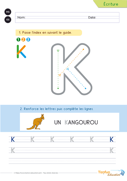 Activité de découverte de la lettre K majuscule présentant son tracé progressif, l'illustration d'un kangourou et un espace d'écriture pour reproduire la lettre.
