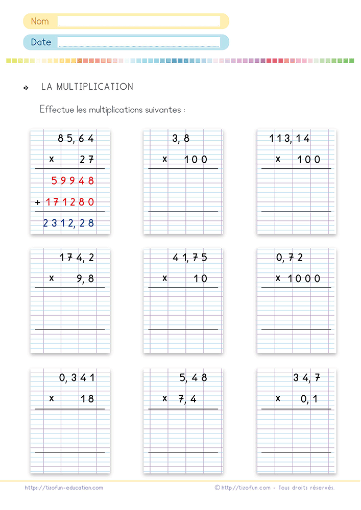Activité de mathématiques consacrée à la multiplication de nombres décimaux en CM1 et CM2, avec des opérations posées sur quadrillage et des calculs par 10, 100 et 1000.